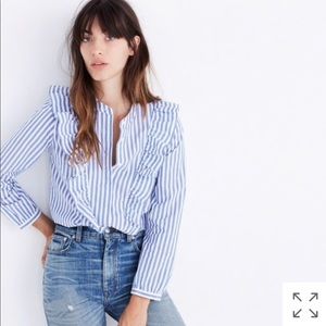 Madewell blue and white ruffle shirt
